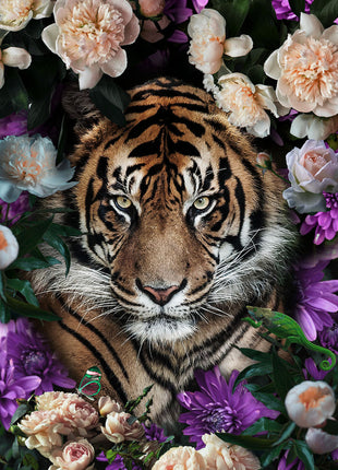 Glasbild 80x120cm Tiger mit Blumen