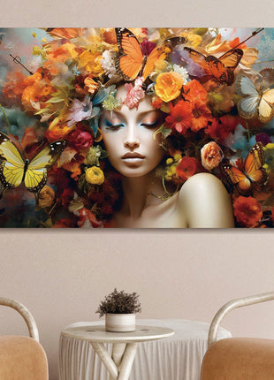 Glasbild 160x110cm Frau mit goldenen Blumen auf dem Kopf
