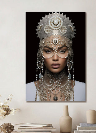 Glasbild 80x120cm Frau mit weißem Schmuck