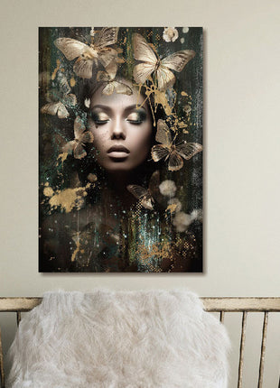 Glasbild 80x120cm Frau mit dunklen Schmetterlingen