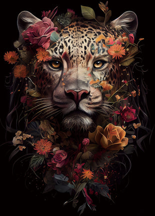 Glasbild 80x120cm Panther mit orangefarbenen Blumen