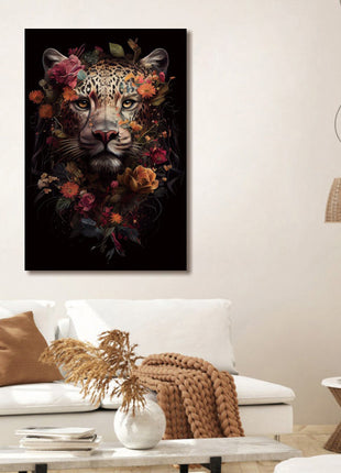 Glasbild 80x120cm Panther mit orangefarbenen Blumen