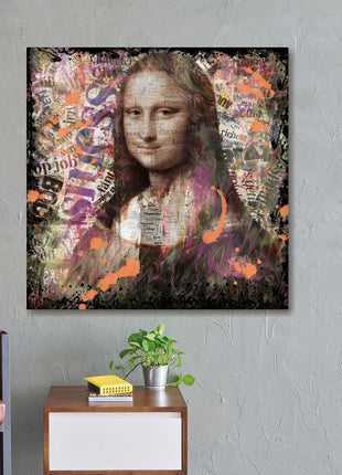 Glasbild 100x100cm Mona Lisa mit Zeitungen
