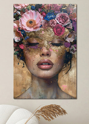 Glasbild 80x120cm Make-up Frau mit Blumenkopfschmuck