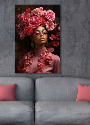 Glasbild mit 3D-Relief 80x120cm Frau mit rosa Blumen