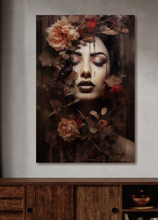 Glasbild 80x120cm Frau mit dunklen Blumen und Vogel