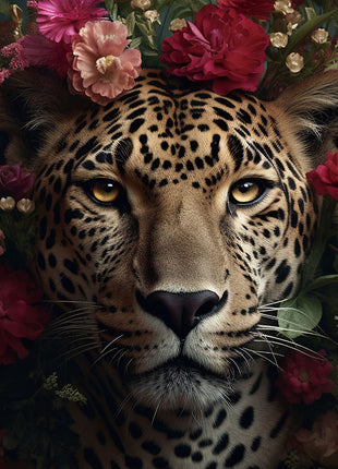 Glasbild 120x80cm Panther mit Blumen