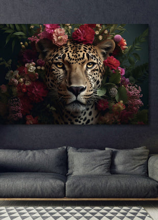 Glasbild 120x80cm Panther mit Blumen