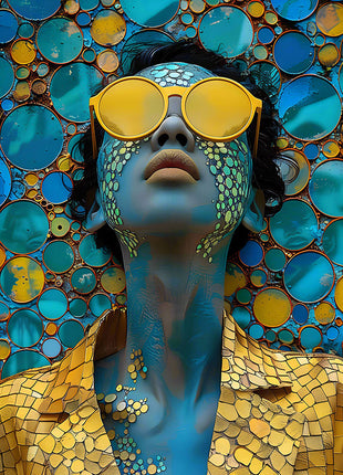 Glasbild 160x110cm Blaue Frau mit goldener Brille