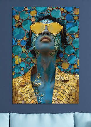 Glasbild 160x110cm Blaue Frau mit goldener Brille