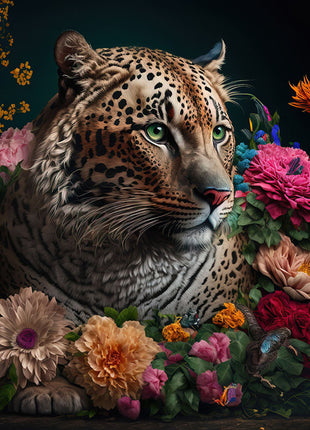 Glasbild mit 3D-Relief 120x80cm Panther mit Blumen