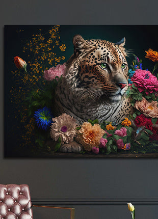 Glasbild mit 3D-Relief 120x80cm Panther mit Blumen