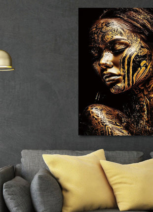 Glasbild mit 3D-Relief 80x120cm Frau mit gold/schwarzem Gesicht