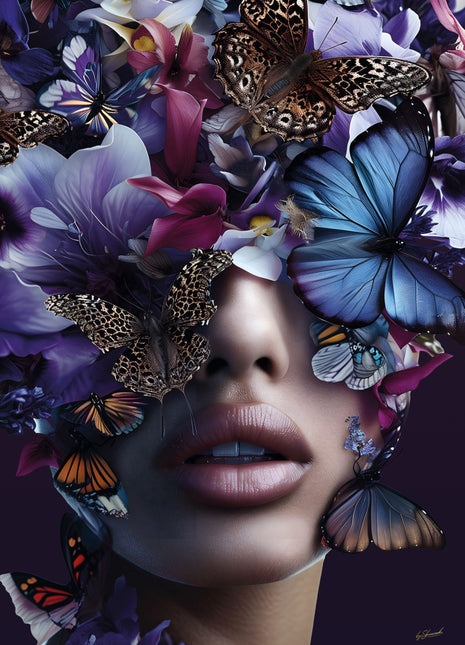Glasbild 110x160cm Frau mit blauen Blumen und Schmetterlingen