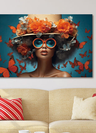 Glasbild 120x80cm Frau mit Hut und orangefarbenen Blumen
