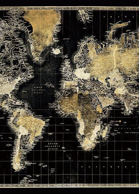 Glasbild mit 3D-Relief 160x110cm Weltkarte schwarz/gold