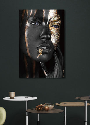 Glasbild 80x120cm Frau mit blauen Augen und Gold