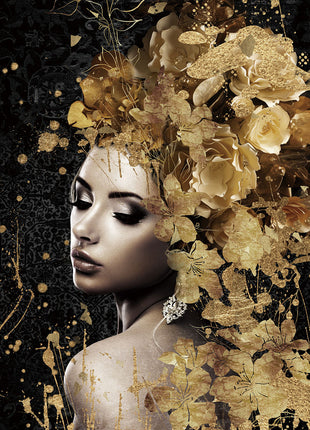 Glasbild 80x120cm Frau mit goldenem Blumenschwanz