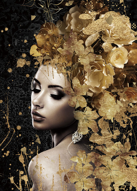 Glasbild 80x120cm Frau mit goldenem Blumenschwanz