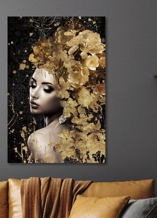Glasbild 80x120cm Frau mit goldenem Blumenschwanz