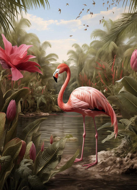 Glasbild 80x80cm Flamingo