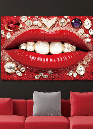 Glasbild mit 3D-Relief 160x110cm Mund mit Diamanten