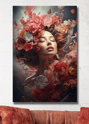 Glasbild 80x120cm Frau mit roten Blumen
