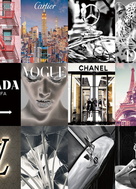 Glasbild 120x120cm 3D-Collage mit Marken Paris/New York
