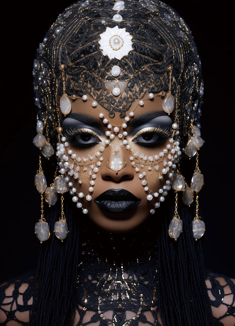 Glasbild 80x120cm Frau mit blau/weißem Schmuck