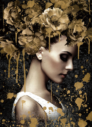 Glasbild 110x160cm Frau mit goldenen Blumen