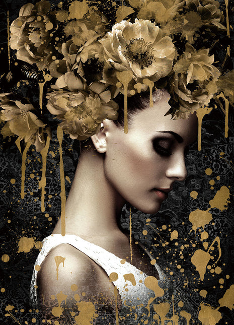 Glasbild 110x160cm Frau mit goldenen Blumen