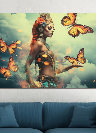 Glasbild 160x110cm Frau mit Schmetterlingen