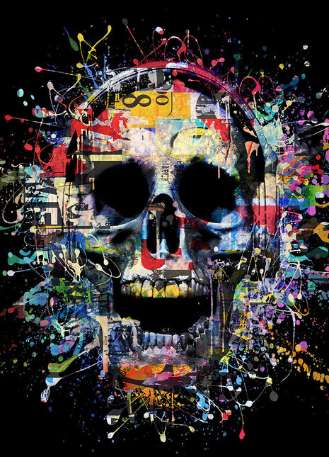 Glasbild 80x80cm Farbiger Totenkopf in der Mitte