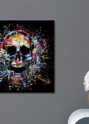 Glasbild 80x80cm Farbiger Totenkopf in der Mitte