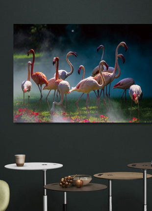 Glasbild 120x80cm Flamingos