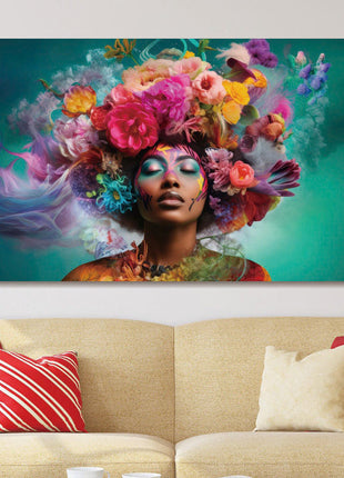 Glasbild mit 3D-Relief 120x80cm Frau mit Blumen in leuchtenden Farben