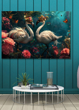 Glasbild 160x110cm Flamingos mit Maske