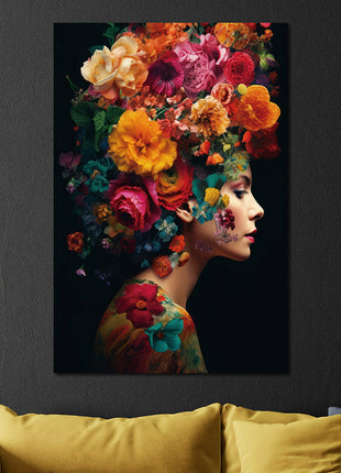 Glasbild 80x120cm Frau mit leuchtenden Blumen