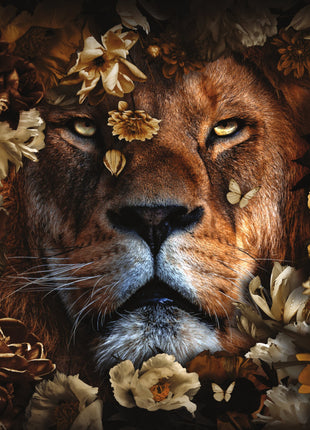 Glasbild 120x80cm Löwe mit Blumen