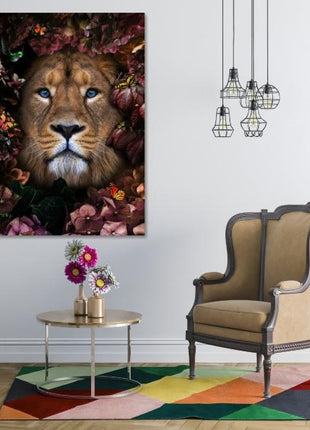 Glasbild 80x120cm Löwe mit Blumen