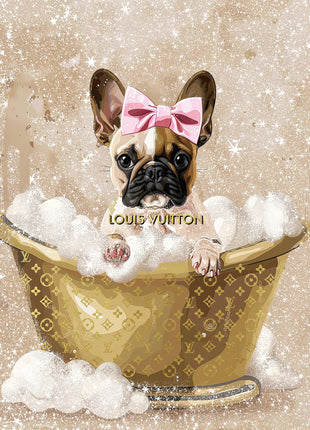 Glasbild mit Goldfolie 60x80cm Hund im Goldbad