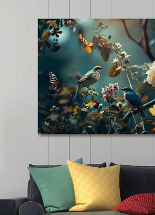 Glasbild 120x80cm Vögel auf Zweig mit Blumen