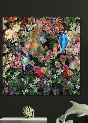 Glasbild 80x80cm Blaue Vögel in den Blumen