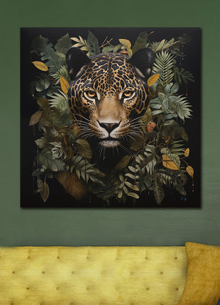 Glasbild 80x80cm Panther inmitten von Pflanzen