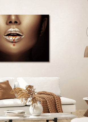 Glasbild 120x80cm Silber mit goldenen Lippen