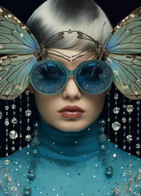 Glasbild 80x80cm Frau mit blauen Schmetterlingen und Brille