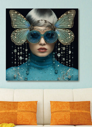 Glasbild 80x80cm Frau mit blauen Schmetterlingen und Brille