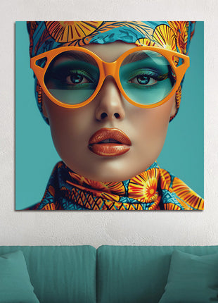 Glasbild 80x80cm Frau mit blauer Brille
