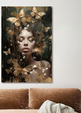Glasbild 80x120cm Frau mit goldenen Schmetterlingen