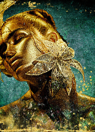 Glasbild 120x80cm Goldgemalte Frau mit Blume